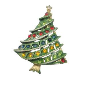Enamel Rhinestone Christmas Tree Brooch Vintage Multicolor Xmas Pin